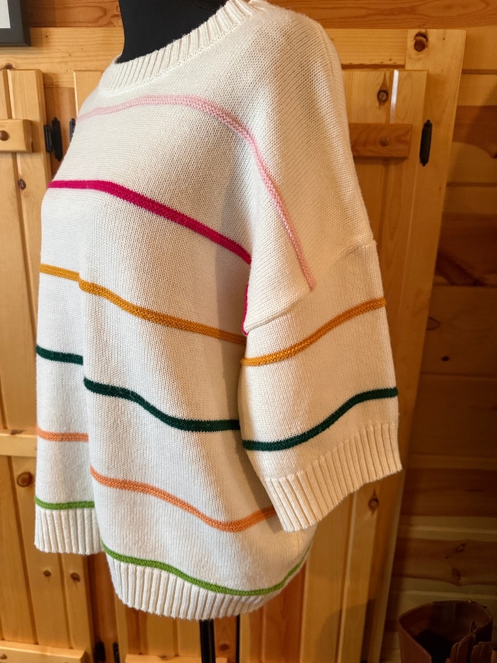 BiBi Cream Crewneck Sweater with Multicolor Stripe Accents - Picture 2 of 4